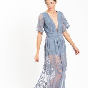 Dusty blue boho lace maxi romper bridesmaids dress